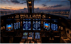Aircraft cockpit at sunset